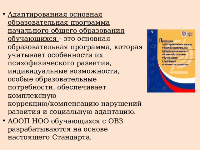 Адаптированная основная образовательная программа начального общего образования обучающихся - это основная образовательная программа, которая учитывает особенности их психофизического развития, индивидуальные возможности, особые образовательные потребности, обеспечивает комплексную коррекцию/компенсацию нарушений развития и социальную адаптацию. АООП НОО обучающихся с ОВЗ разрабатываются на основе настоящего Стандарта. 