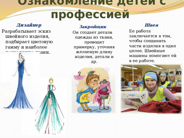 Ознакомление детей с профессией Дизайнер Разрабатывает эскиз швейного изделия, подбирает цветовую гамму и наиболее подходящие ткани. Швея  Ее работа заключается в том, чтобы соединить части изделия в одно целое. Швейные машины помогают ей в ее работе. Закройщик Он создает детали одежды из ткани, проводит примерку, уточняя желаемую длину изделия, детали и др. 