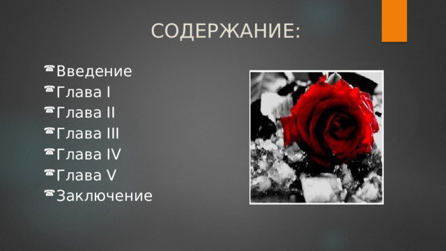 СОДЕРЖАНИЕ: Введение Глава I Глава II Глава III Глава IV Глава V Заключение 