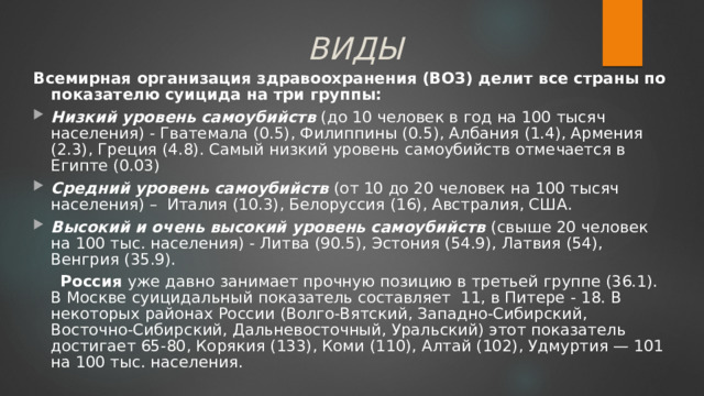 ВИДЫ Всемирная организация здравоохранения (ВОЗ) делит все страны по показателю суицида на три группы: Низкий уровень самоубийств (до 10 человек в год на 100 тысяч населения) - Гватемала (0.5), Филиппины (0.5), Албания (1.4), Армения (2.3), Греция (4.8). Самый низкий уровень самоубийств отмечается в Египте (0.03) Средний уровень самоубийств (от 10 до 20 человек на 100 тысяч населения) –  Италия (10.3), Белоруссия (16), Австралия, США. Высокий и очень высокий уровень самоубийств (свыше 20 человек на 100 тыс. населения) - Литва (90.5), Эстония (54.9), Латвия (54), Венгрия (35.9).  Россия уже давно занимает прочную позицию в третьей группе (36.1). В Москве суицидальный показатель составляет  11, в Питере - 18. В некоторых районах России (Волго-Вятский, Западно-Сибирский, Восточно-Сибирский, Дальневосточный, Уральский) этот показатель достигает 65-80, Корякия (133), Коми (110), Алтай (102), Удмуртия — 101 на 100 тыс. населения. 