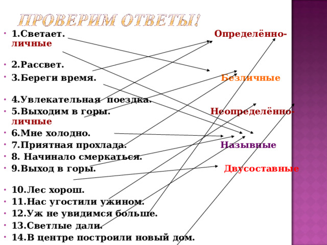 1.Светает. Определённо- личные  2.Рассвет. 3.Береги время. Безличные    4.Увлекательная поездка. 5.Выходим в горы. Неопределённо- личные  6.Мне холодно. 7.Приятная прохлада. Назывные 8. Начинало смеркаться. 9.Выход в горы. Двусоставные  10.Лес хорош. 11.Нас угостили ужином. 12.Уж не увидимся больше. 13.Светлые дали. 14.В центре построили новый дом.    