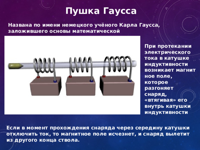 Пушка Гаусса  Названа по имени немецкого учёного Карла Гаусса, заложившего основы математической теории электромагнетизма. При протекании электрического тока в катушке индуктивности возникает магнитное поле, которое разгоняет снаряд, «втягивая» его внутрь катушки индуктивности Если в момент прохождения снаряда через середину катушки отключить ток, то магнитное поле исчезнет, и снаряд вылетит из другого конца ствола. 