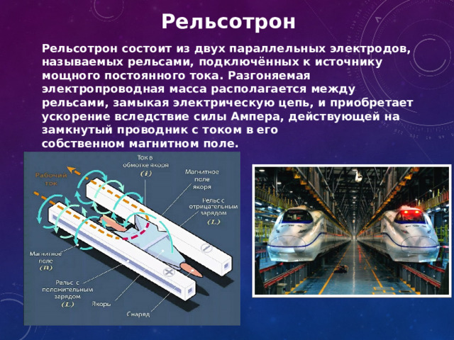 Рельсотрон Рельсотрон состоит из двух параллельных электродов, называемых рельсами, подключённых к источнику мощного постоянного тока. Разгоняемая электропроводная масса располагается между рельсами, замыкая электрическую цепь, и приобретает ускорение вследствие силы Ампера, действующей на замкнутый проводник с током в его собственном магнитном поле. 