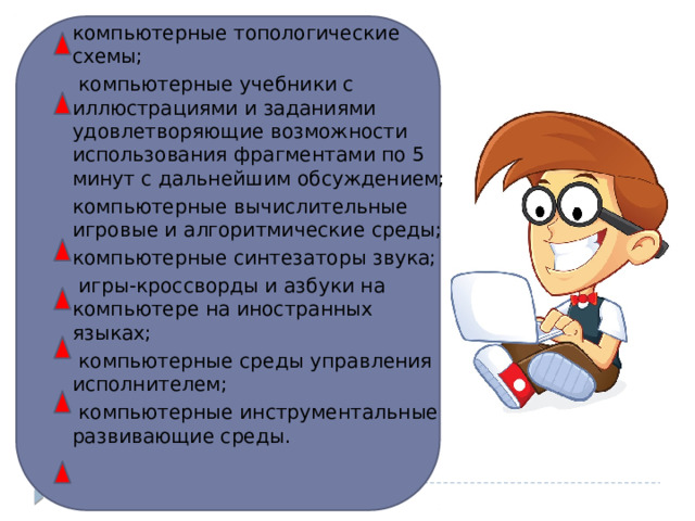 компьютерные топологические схемы;  компьютерные учебники с иллюстрациями и заданиями удовлетворяющие возможности использования фрагментами по 5 минут с дальнейшим обсуждением; компьютерные вычислительные игровые и алгоритмические среды; компьютерные синтезаторы звука;  игры-кроссворды и азбуки на компьютере на иностранных языках;  компьютерные среды управления исполнителем;  компьютерные инструментальные развивающие среды. 