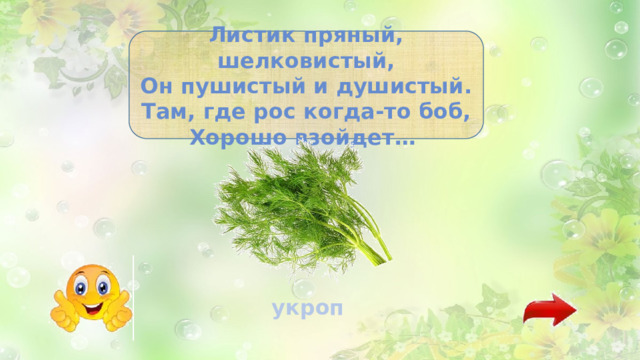 Листик пряный, шелковистый, Он пушистый и душистый. Там, где рос когда-то боб, Хорошо взойдет… укроп 