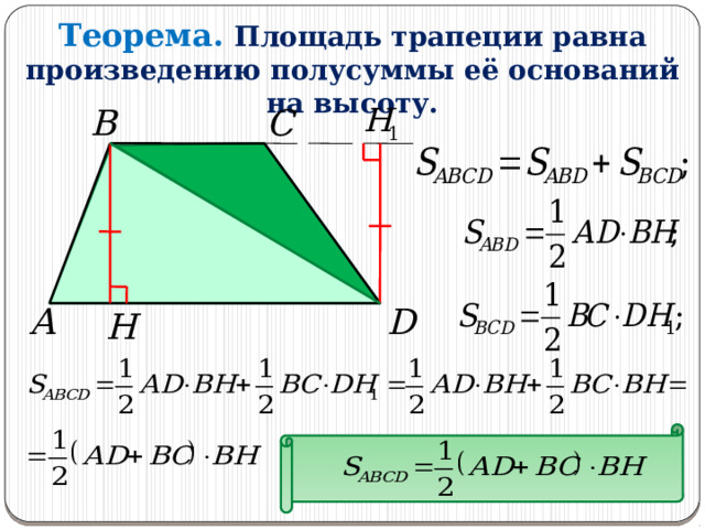 Теорема.  Площадь трапеции равна произведению полусуммы её оснований на высоту. C B A D H 