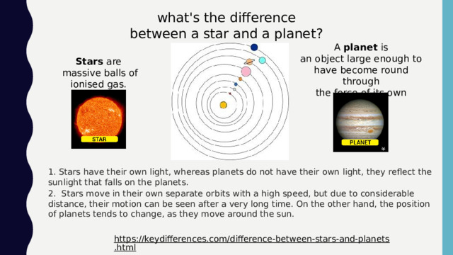 what's the difference between а star and а planet? A planet is an object large enough to have become round through the force of its own gravity. Stars are  massive balls of ionised gas.  Stars have their own light, whereas planets do not have their own light, they reflect the sunlight that falls on the planets. 2. Stars move in their own separate orbits with a high speed, but due to considerable distance, their motion can be seen after a very long time. On the other hand, the position of planets tends to change, as they move around the sun. https://keydifferences.com/difference-between-stars-and-planets.html  