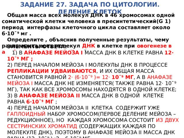 ЗАДАНИЕ 27. ЗАДАЧА ПО ЦИТОЛОГИИ. ДЕЛЕНИЕ КЛЕТОК  Общая масса всех молекул ДНК в 46 хромосомах одной соматической клетки человека в пресинтетический(G 1) период а интерфазы клеточного цикла составляет около 6·10¯ 9 мг .  Определите , объяснив полученные результаты, чему равна масса всех молекул ДНК в клетке при овогенезе в анафазе I и в анафазе II мейоза. ЭЛЕМЕНТЫ ОТВЕТА:  1) В АНАФАЗЕ МЕЙОЗА I МАССА ДНК В КЛЕТКЕ РАВНА 12· 10¯ 9 МГ ; 2) ПЕРЕД НАЧАЛОМ МЕЙОЗА I МОЛЕКУЛЫ ДНК В ПРОЦЕССЕ РЕПЛИКАЦИИ УДВАИВАЮТСЯ , И ИХ ОБЩАЯ МАССА СТАНОВИТСЯ РАВНОЙ 2· (6·10¯ 9 )= 12· 10¯ 9 МГ , А В АНАФАЗЕ МЕЙОЗА I МАССА ДНК НЕ ИЗМЕНЯЕТСЯ( ТАКЖЕ РАВНА 12· 10¯ 9 МГ), ТАК КАК ВСЕ ХРОМОСОМЫ НАХОДЯТСЯ В ОДНОЙ КЛЕТКЕ; 3) В АНАФАЗЕ МЕЙОЗА II МАССА ДНК В ОДНОЙ КЛЕТКЕ РАВНА 6·10¯ 9 МГ ; 4) ПЕРЕД НАЧАЛОМ МЕЙОЗА II КЛЕТКА СОДЕРЖИТ УЖЕ ГАПЛОИДНЫЙ НАБОР ХРОМОСОМ(ПЕРВОЕ ДЕЛЕНИЕ МЕЙОЗА – РЕДУКЦИОННОЕ), НО КАЖДАЯ ХРОМОСОМА СОСТОИТ ИЗ ДВУХ СЕСТРИНСКИХ ХРОМАТИД (СОДЕРЖАЩИХ КАЖДАЯ ПО МОЛЕКУЛЕ ДНК), ПОЭТОМУ В АНАФАЗЕ МЕЙОЗА II МАССА ДНК РАВНА (12· 10¯ 9 ) :2= 6·10¯ 9 МГ 