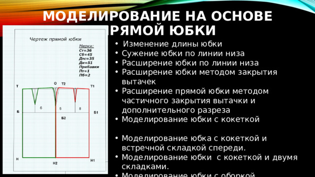 Моделирование НА ОСНОВЕ ПРЯМОЙ ЮБКИ Изменение длины юбки Сужение юбки по линии низа Расширение юбки по линии низа Расширение юбки методом закрытия вытачек Расширение прямой юбки методом частичного закрытия вытачки и дополнительного разреза Моделирование юбки с кокеткой  Моделирование юбка с кокеткой и встречной складкой спереди.  Моделирование юбки с кокеткой и двумя складками. Моделирование юбки с оборкой. 