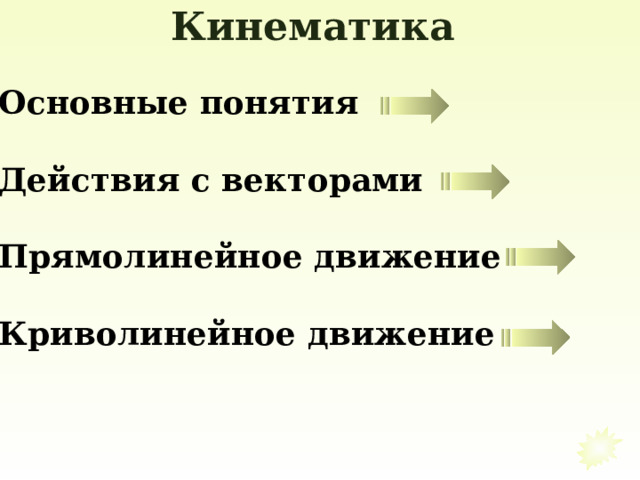 Кинематика Основные понятия  Действия с векторами  Прямолинейное движение  Криволинейное движение 