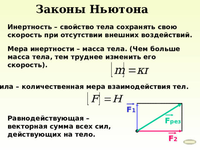 Законы Ньютона Инертность – свойство тела сохранять свою скорость при отсутствии внешних воздействий. Мера инертности – масса тела. (Чем больше масса тела, тем труднее изменить его скорость). Сила – количественная мера взаимодействия тел. F 1 Равнодействующая – векторная сумма всех сил, действующих на тело. F рез F 2 