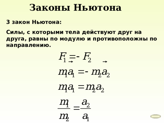 Законы Ньютона 3 закон Ньютона: Силы, с которыми тела действуют друг на друга, равны по модулю и противоположны по направлению. 