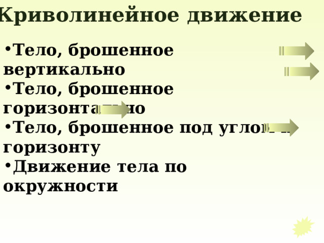 Криволинейное движение Тело, брошенное вертикально Тело, брошенное горизонтально Тело, брошенное под углом к горизонту Движение тела по окружности  