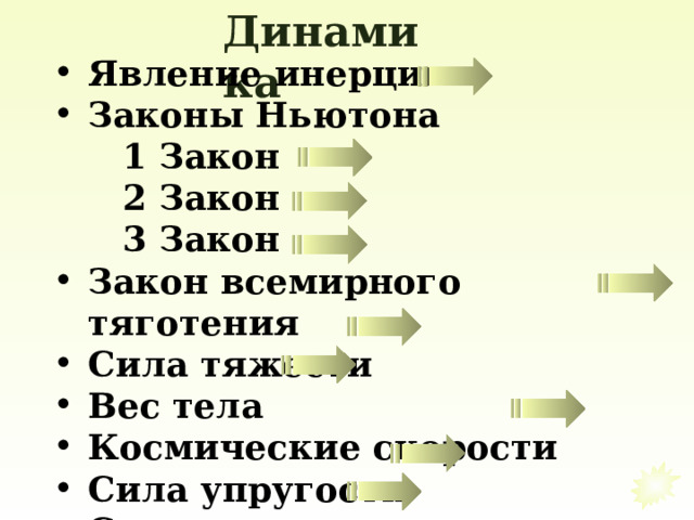 Динамика Явление инерции Законы Ньютона 1 Закон 2 Закон 3 Закон 1 Закон 2 Закон 3 Закон 1 Закон 2 Закон 3 Закон Закон всемирного тяготения Сила тяжести Вес тела Космические скорости Сила упругости Сила трения 