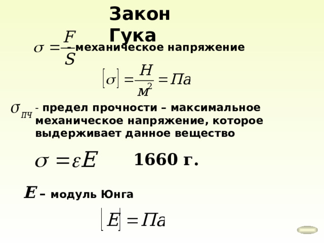 Закон Гука - механическое напряжение - предел прочности – максимальное механическое напряжение, которое выдерживает данное вещество 1660 г. Е – модуль Юнга 