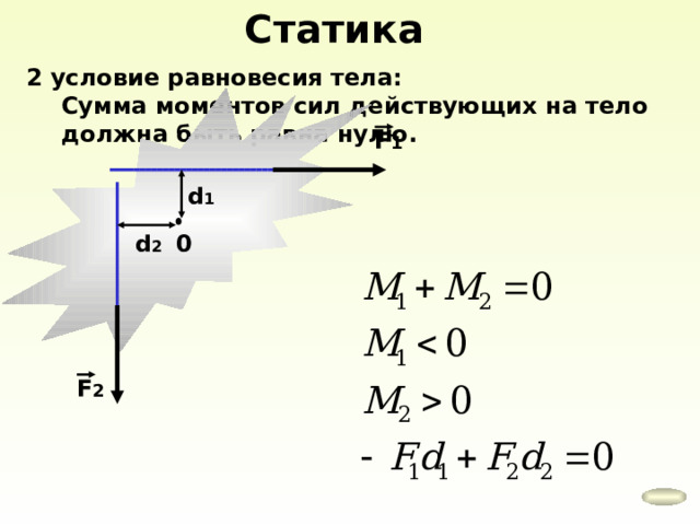 Статика 2 условие равновесия тела: Сумма моментов сил действующих на тело должна быть равна нулю. Сумма моментов сил действующих на тело должна быть равна нулю. F 1 d 1 0 d 2 F 2 
