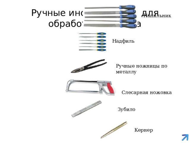 Ручные инструменты для обработки металла Напильник Надфиль Ручные ножницы по металлу Слесарная ножовка Зубило Кернер 