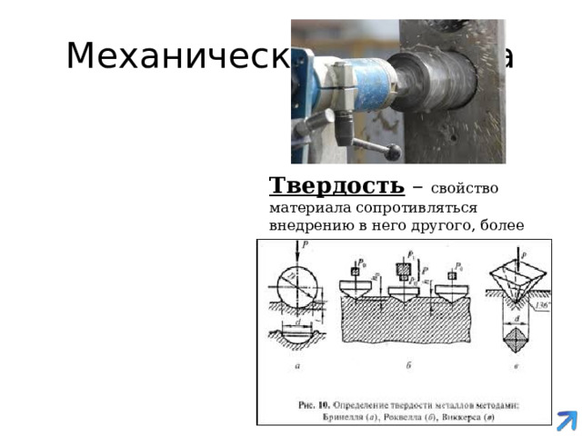 Механические свойства Твердость – свойство материала сопротивляться внедрению в него другого, более твердого материала 