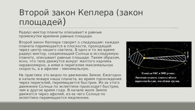 Второй закон Кеплера (закон площадей ) Радиус-вектор планеты описывает в равные промежутки времени равные площади. Второй закон Кеплера говорит о следующем: каждая планета перемещается в плоскости, проходящей через центр нашего светила. В одно и то же время радиус-вектор, соединяющий Солнце и исследуемую планету, описывает равные площади. Таким образом, ясно, что тела движутся вокруг желтого карлика неравномерно, а имея в перигелии максимальную скорость, а в афелии – минимальную. На практике это видно по движению Земли. Ежегодно в начале января наша планета, во время прохождения через перигелий, перемещается быстрее. Из-за этого движение Солнца по эклиптике происходит быстрее, чем в другое время года. В начале июля Земля движется через афелий, из-за чего Солнце по эклиптике перемещается медленнее. 