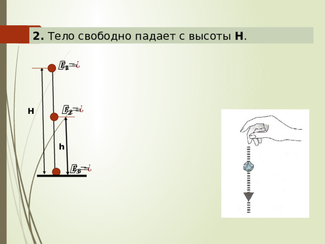 2. Тело свободно падает с высоты H .     H h   