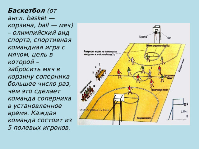 Баскетбол (от англ. basket — корзина, ball — мяч) – олимпийский вид спорта, спортивная командная игра с мячом, цель в которой – забросить мяч в корзину соперника большее число раз, чем это сделает команда соперника в установленное время. Каждая команда состоит из 5 полевых игроков. 