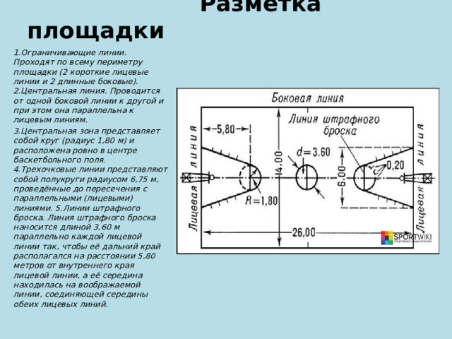  Разметка площадки 1.Ограничивающие линии. Проходят по всему периметру площадки (2 короткие лицевые линии и 2 длинные боковые). 2.Центральная линия. Проводится от одной боковой линии к другой и при этом она параллельна к лицевым линиям. 3.Центральная зона представляет собой круг (радиус 1,80 м) и расположена ровно в центре баскетбольного поля. 4.Трехочковые линии представляют собой полукруги радиусом 6,75 м, проведённые до пересечения с параллельными (лицевыми) линиями. 5.Линии штрафного броска. Линия штрафного броска наносится длиной 3,60 м параллельно каждой лицевой линии так, чтобы её дальний край располагался на расстоянии 5,80 метров от внутреннего края лицевой линии, а её середина находилась на воображаемой линии, соединяющей середины обеих лицевых линий. 