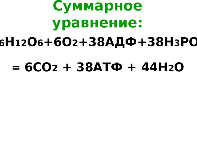 Суммарное уравнение:   С 6 Н 12 О 6 +6О 2 +38АДФ+38Н 3 РО 4  = 6СО 2 + 38АТФ + 44Н 2 О 