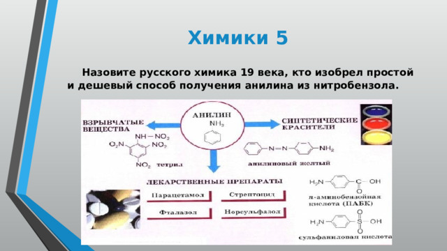 Химики 5  Назовите русского химика 19 века, кто изобрел простой и дешевый способ получения анилина из нитробензола. 