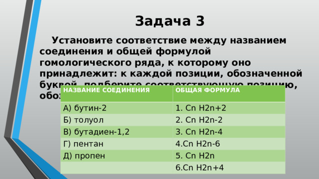 Задача 3  Установите соответствие между названием соединения и общей формулой гомологического ряда, к которому оно принадлежит: к каждой позиции, обозначенной буквой, подберите соответствующую позицию, обозначенную цифрой.   НАЗВАНИЕ СОЕДИНЕНИЯ А) бутин-2  ОБЩАЯ ФОРМУЛА Б) толуол 1. Cn H2n+2  2. Cn H2n-2 В) бутадиен-1,2 Г) пентан 3. Cn H2n-4 Д) пропен 4.Cn H2n-6 5. Cn H2n 6.Cn H2n+4 