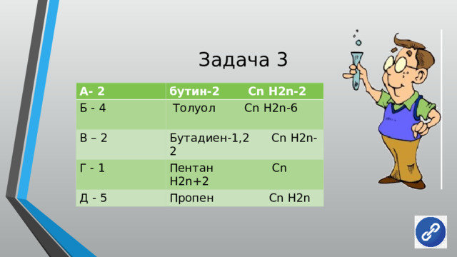 Задача 3 А- 2 бутин-2 Cn H2n-2 Б - 4  Толуол Cn H2n-6 В – 2 Бутадиен-1,2 Cn H2n-2 Г - 1 Пентан Cn H2n+2 Д - 5 Пропен Cn H2n 