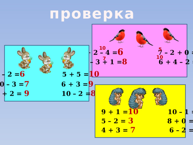 проверка 10 8 + 2 – 4 = 6 7 – 2 + 0 = 5 5 10 – 3 + 1 = 8 6 + 4 – 2 = 8 10 7 8 – 2 = 6  5 + 5 = 10 10 – 3 = 7  6 + 3 = 9 7 + 2 = 9  10 – 2 = 8 9 + 1 = 10 10 – 1 = 9 5 – 2 = 3 8 + 0 = 8 4 + 3 = 7 6 – 2 = 4 