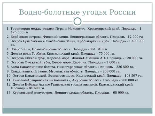 Водно-болотные угодья России 1. Территория между реками Пура и Мокоритто, Красноярский край. Площадь – 1 125 000 га. 2. Берёзовые острова, Финский залив, Ленинградская область. Площадь - 12 000 га. 3. Остров Бреховский в Енисейском залив, Красноярский край. Площадь - 1 400 000 га. 4. Озеро Чаны, Новосибирская область. Площадь - 364 848 га. 5. Дельта реки Горбита, Красноярский край. Площадь – 75 000 га. 6. Острова Обской губы, Карское море, Ямало-Ненецкий АО. Площадь – 128 000 га. 7. Острова Онежской губы, Белое море, Карелия. Площадь – 3 600 га. 8. Кама-Бакалдинские болота, Нижегородская область. Площадь – 226 500 га. 9. Кандалакшский залив, Мурманская область. Площадь – 208 000 га. 10. Остров Карагинский, Берингово море, Камчатский край. Площадь – 193 597 га. 11. Хингано-Архаринская низменность, Амурская область. Площадь – 200 000 га. 12. Дельта Кубани: Ахтаро-Гривенская группа лиманов, Краснодарский край. Площадь – 84 600 га. 13. Кургальский полуостров, Ленинградская область. Площадь – 65 000 га. 