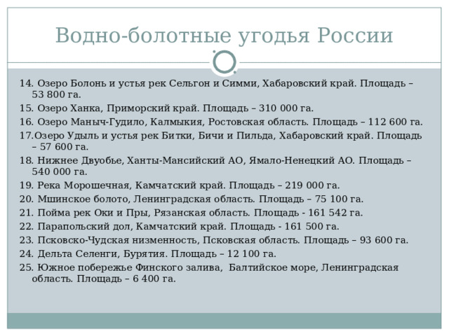 Водно-болотные угодья России 14. Озеро Болонь и устья рек Сельгон и Симми, Хабаровский край. Площадь – 53 800 га. 15. Озеро Ханка, Приморский край. Площадь – 310 000 га. 16. Озеро Маныч-Гудило, Калмыкия, Ростовская область. Площадь – 112 600 га. 17.Озеро Удыль и устья рек Битки, Бичи и Пильда, Хабаровский край. Площадь – 57 600 га. 18. Нижнее Двуобье, Ханты-Мансийский АО, Ямало-Ненецкий АО. Площадь – 540 000 га. 19. Река Морошечная, Камчатский край. Площадь – 219 000 га. 20. Мшинское болото, Ленинградская область. Площадь – 75 100 га. 21. Пойма рек Оки и Пры, Рязанская область. Площадь - 161 542 га. 22. Парапольский дол, Камчатский край. Площадь - 161 500 га. 23. Псковско-Чудская низменность, Псковская область. Площадь – 93 600 га. 24. Дельта Селенги, Бурятия. Площадь – 12 100 га. 25. Южное побережье Финского залива, Балтийское море, Ленинградская область. Площадь – 6 400 га. 