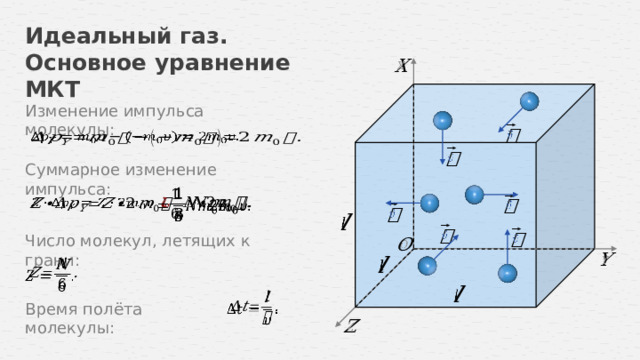   Идеальный газ. Основное уравнение МКТ   Изменение импульса молекулы:     Суммарное изменение импульса:                 Число молекул, летящих к грани:             Время полёта молекулы:    