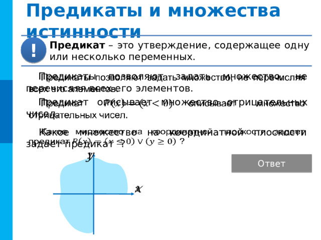 Предикаты и множества истинности Предикат – это утверждение, содержащее одну или несколько переменных. !   Предикаты позволяют задать множество, не перечисляя всех его элементов. Предикат описывает множество отрицательных чисел. Какое множество на координатной плоскости задает предикат ?     Комментарий : Анимация по пробелу. Ответ на вопрос появляется после выбора кнопки «Ответ» Ответ   16 