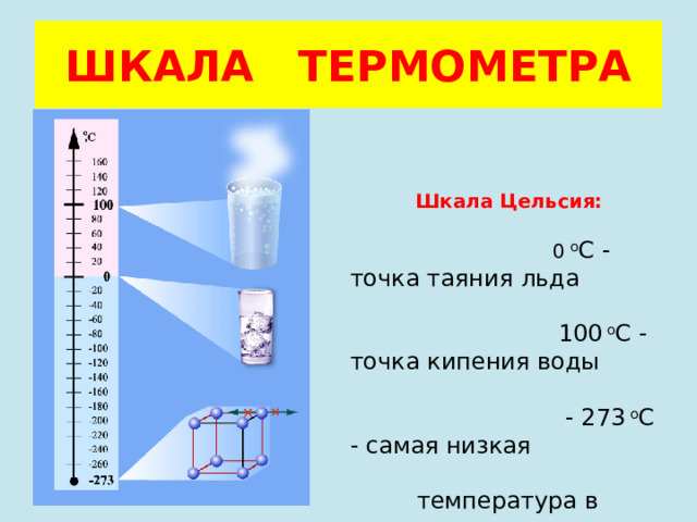 ШКАЛА ТЕРМОМЕТРА Шкала Цельсия:  0 о С - точка таяния льда  100 о С - точка кипения воды  - 273 о С - самая низкая  температура в природе 