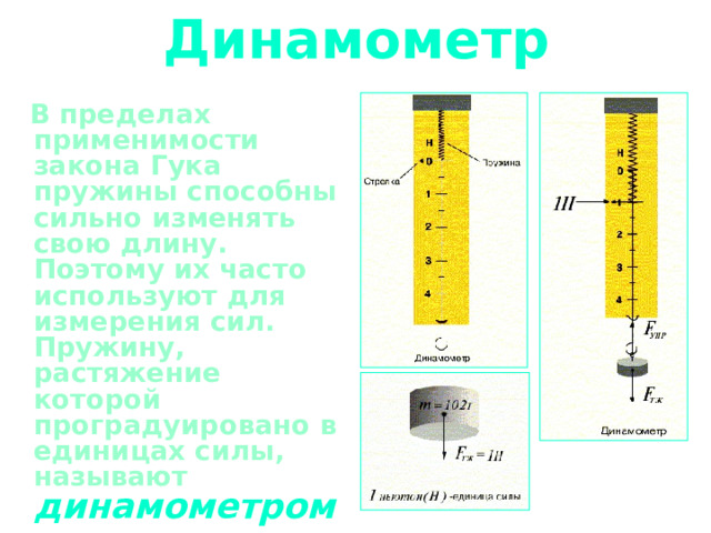 Динамометр  В пределах применимости закона Гука пружины способны сильно изменять свою длину. Поэтому их часто используют для измерения сил. Пружину, растяжение которой проградуировано в единицах силы, называют  динамометром