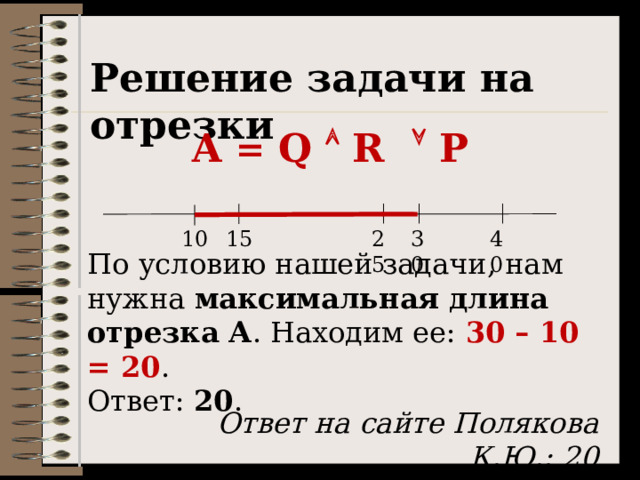 Решение задачи на отрезки А = Q  R  P 40 25 30 10 15 По условию нашей задачи, нам нужна максимальная длина отрезка А . Находим ее: 30 – 10 = 20 . Ответ: 20 . Ответ на сайте Полякова К.Ю.: 20 27 