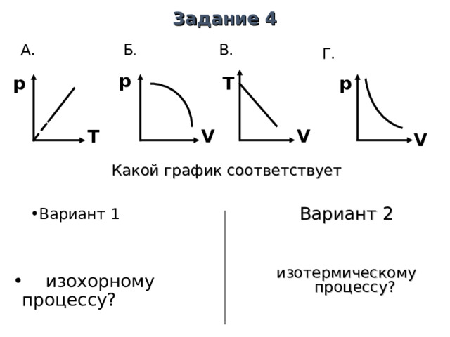 Задание 3   А. В. Бойль, Мариотт Менделеев, Клапейрон Г. Б. Шарль Гей- Люссак Каким ученым принадлежит закон, описывающий  … Вариант 1 Вариант 1  Изобарный процесс? Вариант 2 Вариант 2   изотермический процесс? 