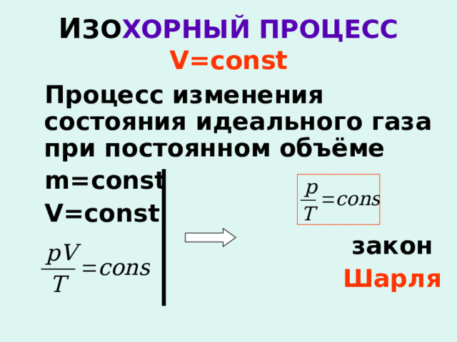 И ЗО ХОРНЫЙ ПРОЦЕСС  V=const  Процесс изменения состояния идеального газа при постоянном объёме   m=const  V=const  закон  Шарля 