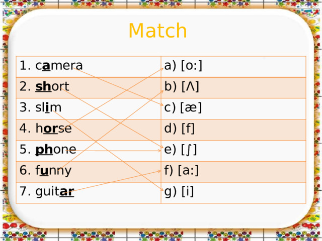 Match 1. c a mera a) [o:] 2. sh ort b) [Λ] 3. sl i m c) [æ] 4. h or se d) [f] 5. ph one 6. f u nny e) [∫] f) [a:] 7. guit ar g) [i] 