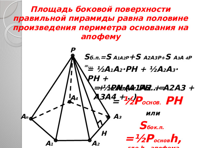 Площадь боковой поверхности правильной пирамиды равна половине произведения периметра основания на апофему P S б.п. = S A 1 A 2 P +S A 2 A 3 P+ S A 3 A 4 P =…   = ½A 1 A 2 ·PH + ½A 2 A 3 · PH +  + ½A 3 A 4 · PH…= =  ½PH·(A1A2 + A2A3 + A3A4 +…) A 4 = ½ P ОСНОВ. PH   или  A 3 A n S бок.п. =½P основ h, где h - апофема H A 2 A 1 