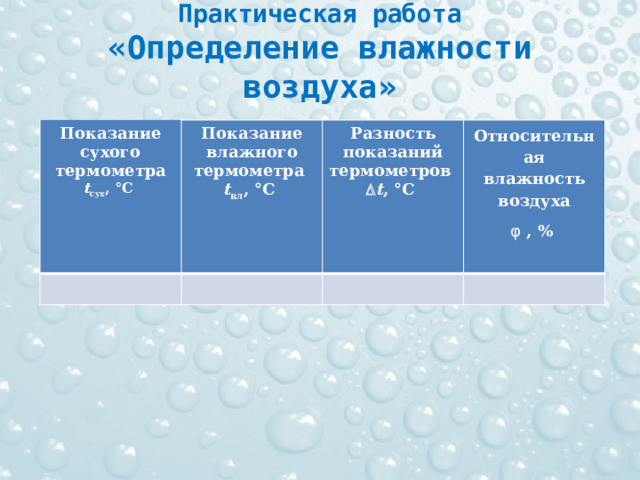 Практическая работа  «Определение влажности воздуха» Показание сухого термометра t сух , °С Показание влажного термометра t вл , °С  Разность показаний термометров    t , °C Относительная влажность воздуха φ , %   