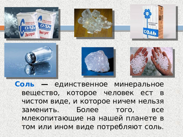 Соль — единственное минеральное вещество, которое человек ест в чистом виде, и которое ничем нельзя заменить. Более того, все млекопитающие на нашей планете в том или ином виде потребляют соль. 