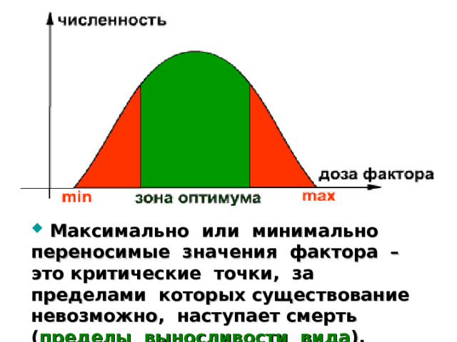  Максимально или минимально переносимые значения фактора – это критические точки, за пределами которых существование невозможно, наступает смерть ( пределы выносливости вида ). 