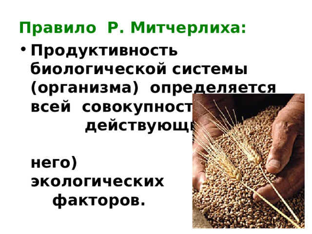 Правило Р. Митчерлиха: Продуктивность биологической системы (организма) определяется всей совокупностью действующих на нее (на него) экологических факторов. 