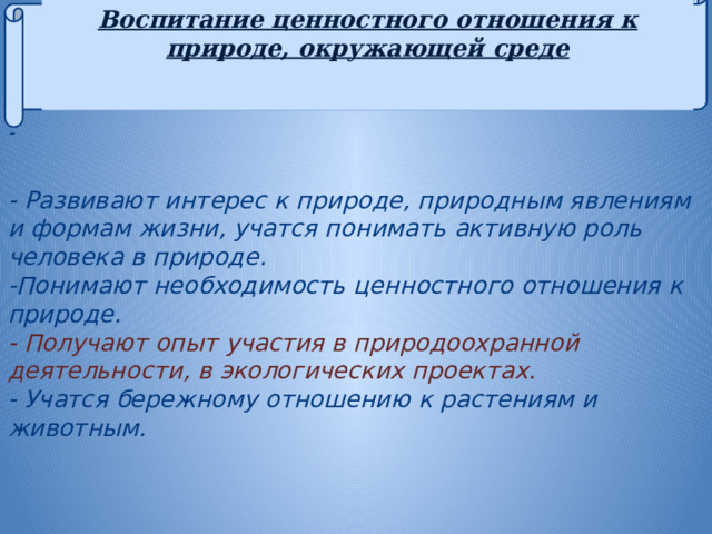 Воспитание ценностного отношения к природе, окружающей среде      -   - Развивают интерес к природе, природным явлениям и формам жизни, учатся понимать активную роль человека в природе. -Понимают необходимость ценностного отношения к природе. - Получают опыт участия в природоохранной деятельности, в экологических проектах. - Учатся бережному отношению к растениям и животным. 