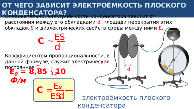 От чего зависит электроёмкость плоского конденсатора? Следовательно, электроёмкость конденсатора зависит от расстояния между его обкладками d , площади перекрытия этих обкладок S и диэлектрических свойств среды между ними E .  ES C  — d Коэффициентом пропорциональности, в данной формуле, служит электрическая постоянная E : 0 -12 d E = 8,85 · 10 Ф/м 0  E ES C = —— 0 d - электроёмкость плоского конденсатора 