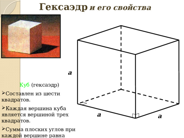 Гексаэдр  и его свойства a Куб (гексаэдр)  Составлен из шести квадратов. Каждая вершина куба является вершиной трех квадратов. Сумма плоских углов при каждой вершине равна 270°. a a 