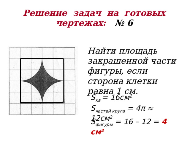 Решение задач на готовых  чертежах: № 6 Найти площадь закрашенной части фигуры, если сторона клетки равна 1 см. S кв = 16см 2 S частей круга = 4π ≈ 12см 2 S фигуры = 16 – 12 = 4 см 2 